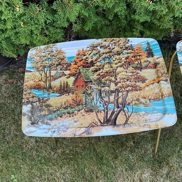 SET Of 2 Vintage Lavada Country Theme Metal TV Trays Metal Tray TV Table MCM - Picture 5 of 14